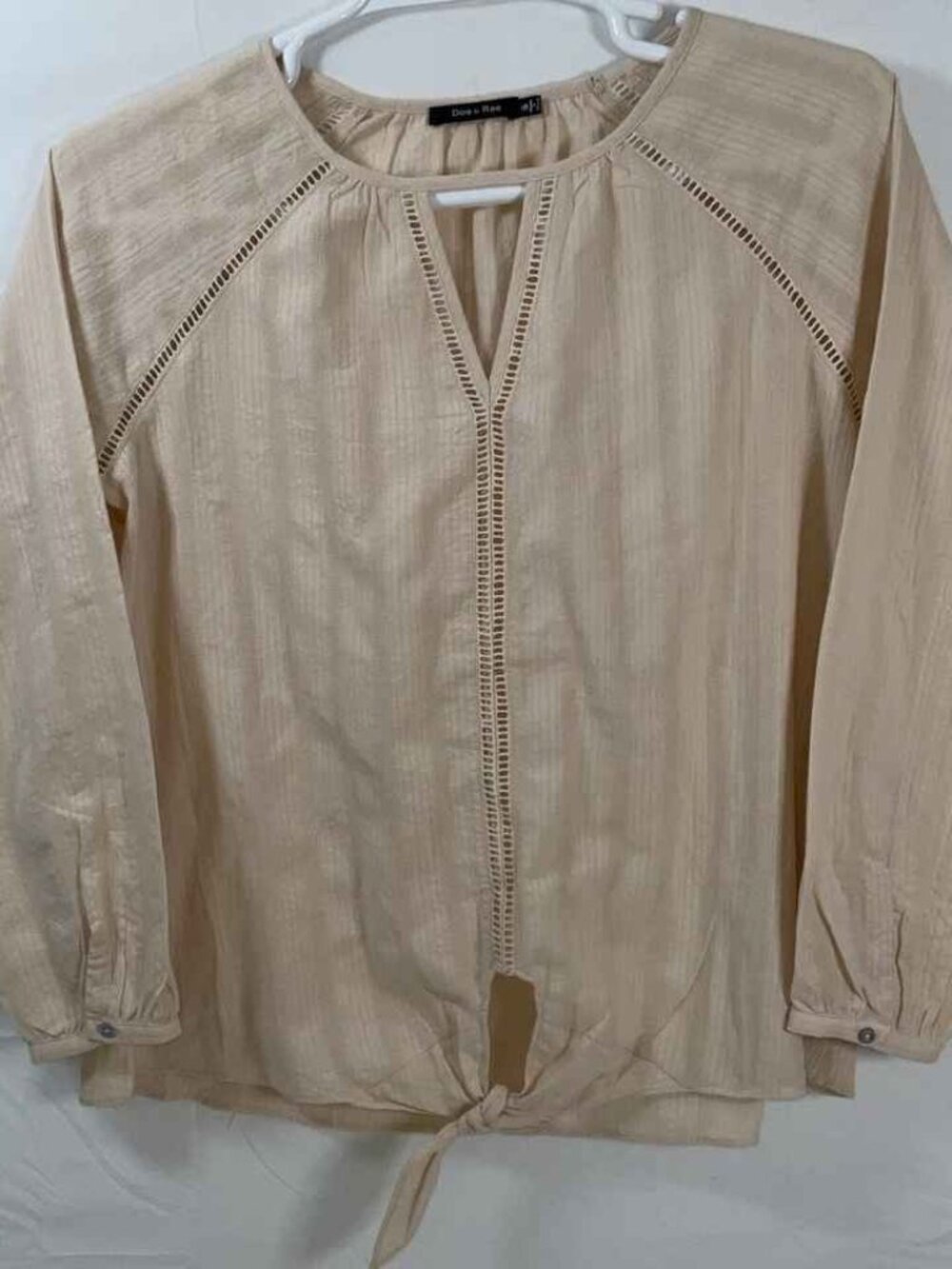 Beige Eyelet Cutout Tie Front Long Sleeve Blouse